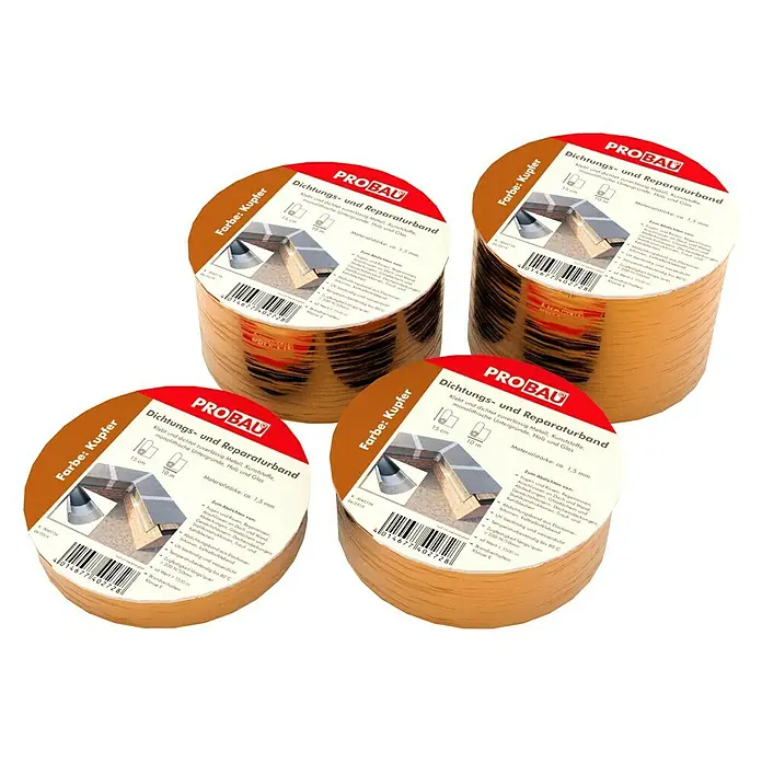 Probau Bitumen- & Reparaturband - Kupfer, 10 m x 10 cm, Selbstklebend - Ansicht von vier Dichtungs- und Reparatur-Klebebändern von Probau in Kupferfarbe.