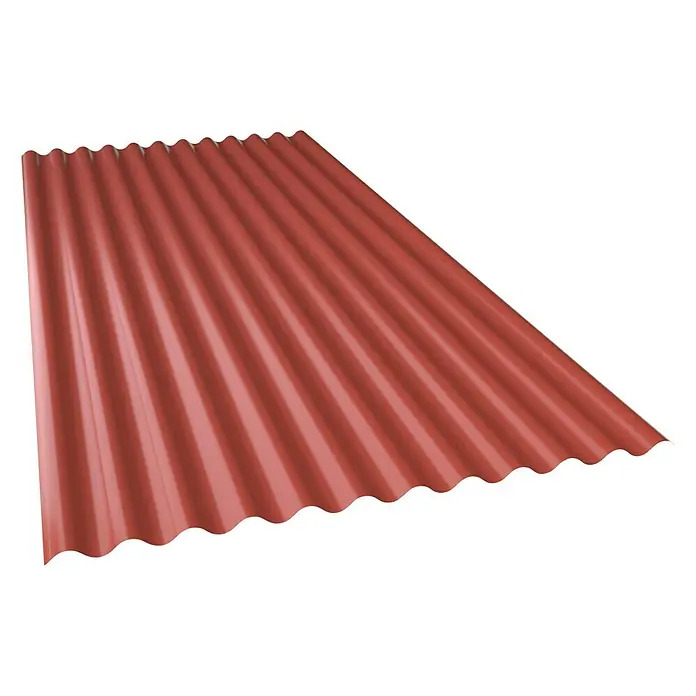 Metdach Dachblech Wellblech - 200 cm x 88,3 cm x 0,4 mm, Rot - Nahaufnahme einer roten, gewellten Dachplatte. Ideal für langlebige und wetterfeste Dacheindeckungen.