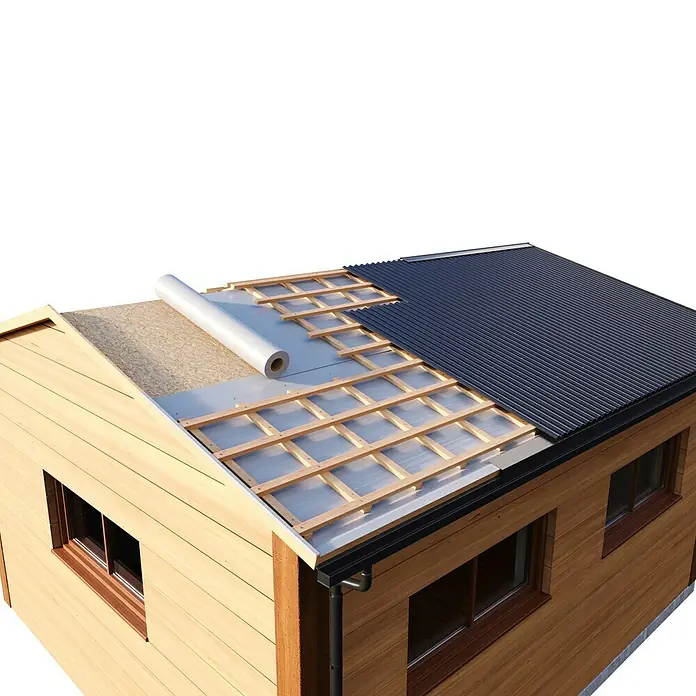 Metdach Dachblech Wellblech350 cm x 88,3 cm x 0,4 mm, Rot - Ansicht eines Hauses im Bau mit Fokus auf die Anordnung von Dachsparren, wasserdichter Folie und Metalldachplatten.