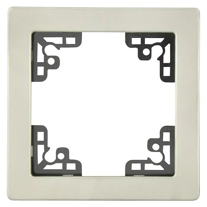 Voltomat FERA Abdeckrahmen Soft - Edelstahl, 1-fach, Edelstahl - Ein weißer Lichtschalterrahmen mit einer grauen, dekorativen Inneneinfassung für eine elegante Optik in jedem Raum.