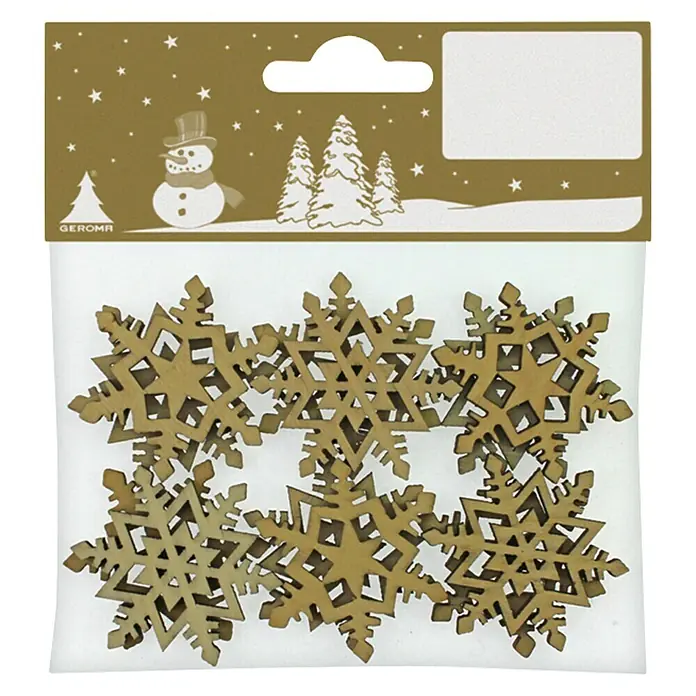 Dekoelement Schneeflocken - Braun, Holz, Sonstige, 12 Stk. - Eine Packung hölzerne Schneeflocken-Ornamente mit einem weihnachtlichen Themenetikett, ideal für Bastelarbeiten und festliche Dekorationen.