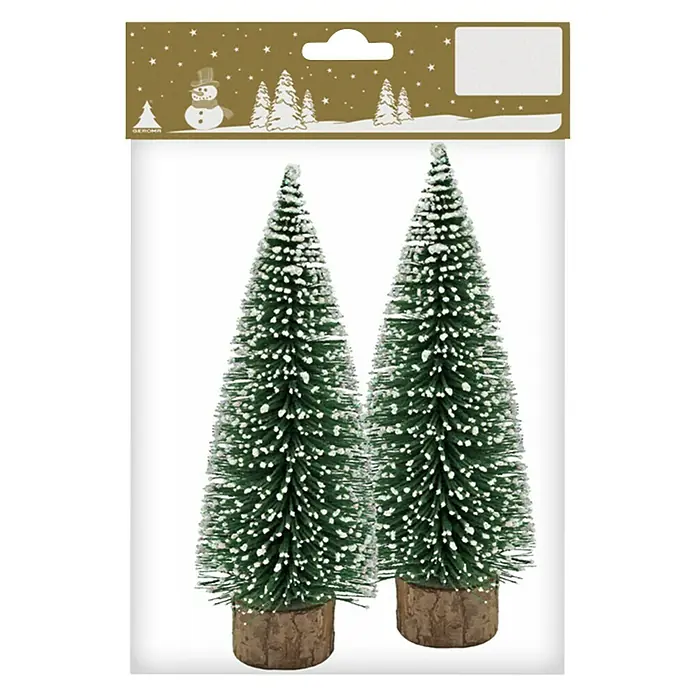 Dekoelement Tannenbaum - Grün, Kunststoff, 2 Stk. - Zwei dekorative Miniatur-Weihnachtsbäume mit verschneiten Spitzen, ideal für festliche Dekorationen und Tischgestaltungen.