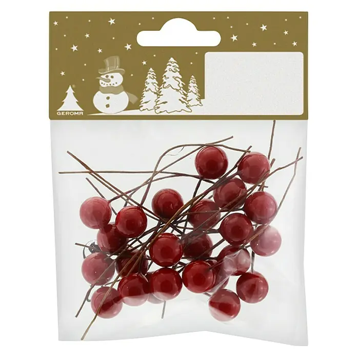Kunstzweig Beeren auf Draht - Rot, Draht - Produktaufnahme einer Verpackung mit roten Beeren auf Zweigen, ideal für Weihnachtsdekorationen.