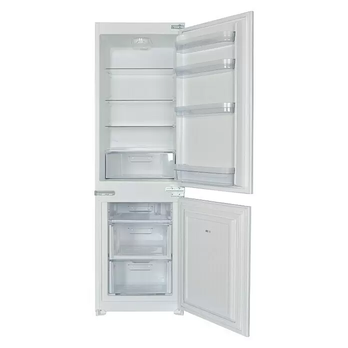 Respekta Cocina esquinera Malia - An x Pr: 280 x 172 cm, Negro, Con electrodomésticos - Frigorífico-congelador integrable blanco con puertas abiertas, mostrando estantes interiores, cajón de verduras y cajones del congelador.