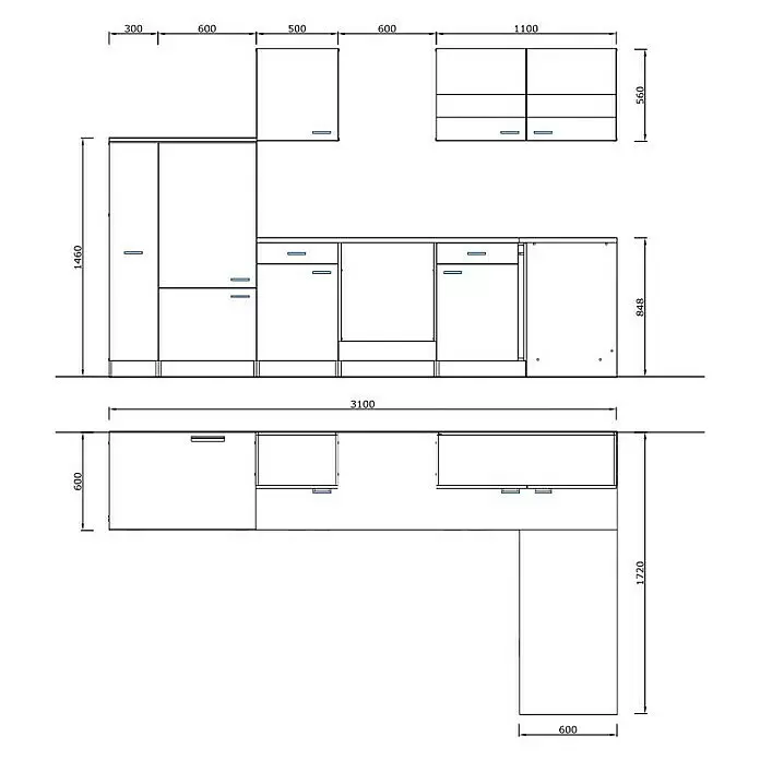 Respekta Cocina esquinera Malia bajo - An x Pr: 310 x 172 cm, Blanco, Con electrodomésticos - Dibujo técnico de una distribución de muebles de cocina modulares con varias unidades y dimensiones totales.