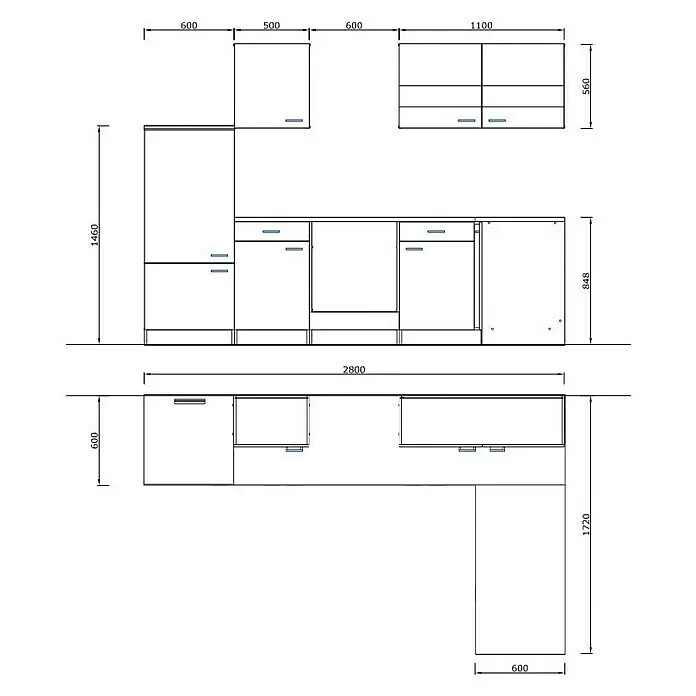 Respekta Cocina esquinera Malia - An x Pr x Al: 280 x 172 x 200 cm, Blanco, Con electrodomésticos - Dibujo técnico de un diseño de cocina modular con vistas frontal y superior de armarios en L con dimensiones.