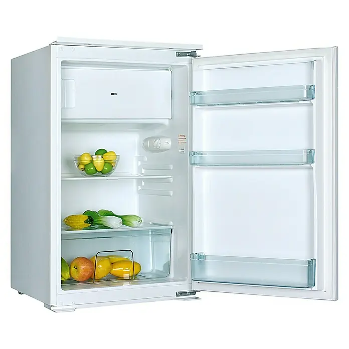 Respekta Cocina esquinera - An x Pr x Al: 280 x 172 x 200 cm, Gris, Con electrodomésticos - Refrigerador abierto lleno de frutas y verduras, perfecto para mantener los alimentos frescos y refrigerados.