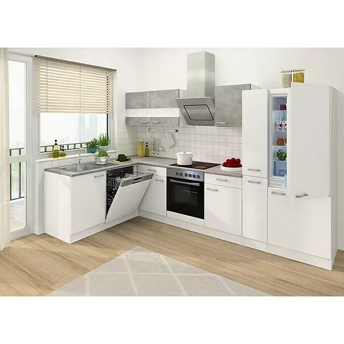 Respekta Cocina esquinera - An x Pr: 310 x 172 cm, Blanco, Gris, Con electrodomésticos - Cocina moderna blanca con encimera gris, electrodomésticos integrados: lavavajillas, horno, placa, campana extractora y frigorífico-congelador.