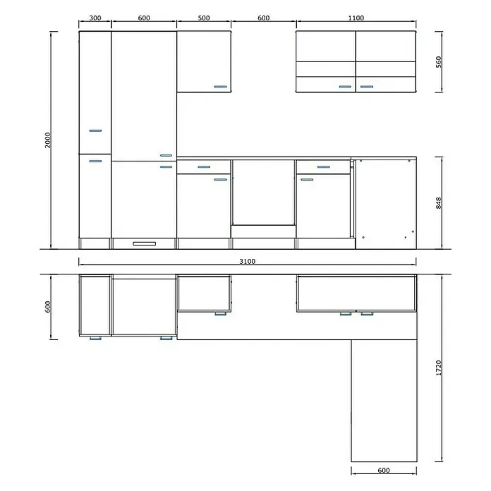 Respekta Cocina esquinera - An x Pr: 310 x 172 cm, Blanco, Gris, Con electrodomésticos - Plano de cocina con dimensiones precisas.