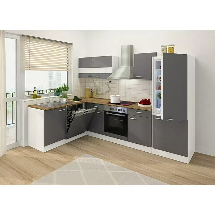 Respekta Cocina esquinera - An x Pr: 280 x 172 cm, Gris, Con electrodomésticos - Cocina moderna en L gris y blanca con encimera de madera. Incluye fregadero, lavavajillas abierto, horno y frigorífico-congelador en un apartamento luminoso.