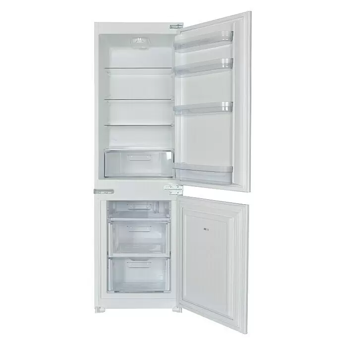 Respekta Cocina esquinera - An x Pr: 280 x 172 cm, Blanco, Con electrodomésticos - Frigorífico-congelador integrable blanco con puertas abiertas, mostrando estantes y cajones interiores.