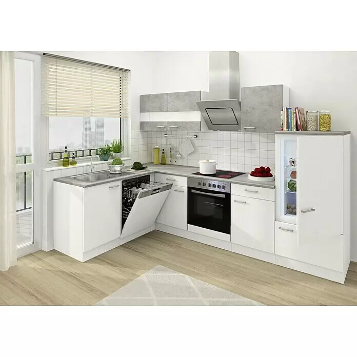 Respekta Cocina esquinera - An x Pr x Al: 280 x 172 x 200 cm, Blanco, Gris, Con electrodomésticos - Cocina en forma de L con muebles bajos blancos, encimeras grises y muebles altos grises, con fregadero, lavavajillas, horno, placa y nevera integrada.