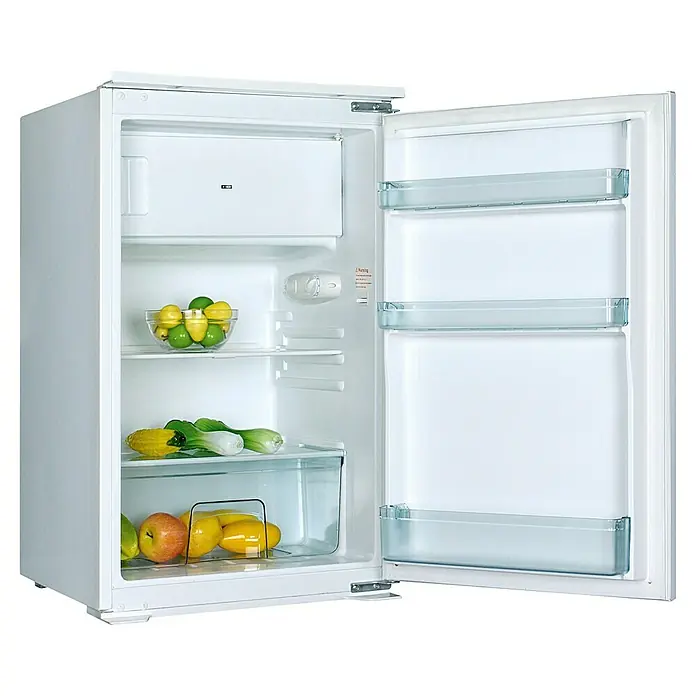 Respekta Cocina esquinera - An x Pr x Al: 280 x 172 x 200 cm, Blanco, Gris, Con electrodomésticos - Refrigerador blanco abierto con alimentos, incluyendo frutas y verduras, listo para el uso diario.