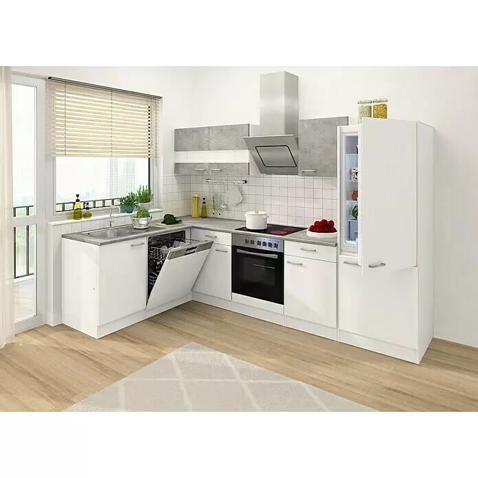 Respekta Cocina esquinera - An x Pr: 280 x 172 cm, Blanco, Gris, Con electrodomésticos - Cocina blanca en L con encimeras gris claro, horno, placa, lavavajillas abierto y frigorífico-congelador integrados.