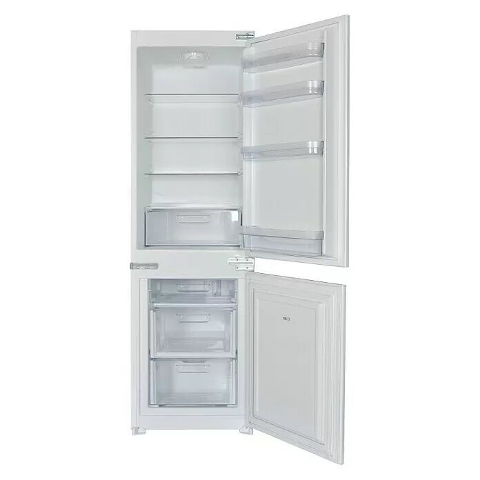 Respekta Cocina esquinera - An x Pr: 310 x 172 cm, Blanco, Con electrodomésticos - Frigorífico-congelador integrable blanco con puertas abiertas, mostrando estantes, cajones y compartimentos en la puerta.