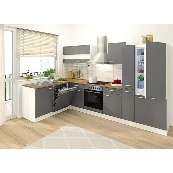 Respekta Cocina esquinera - An x Pr: 310 x 172 cm, Gris, Con electrodomésticos - Cocina moderna en L gris y blanco con encimera de madera, electrodomésticos integrados y armarios altos.