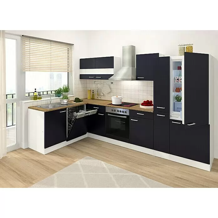 Respekta Cocina esquinera - An x Pr: 310 x 172 cm, Negro, Con electrodomésticos - Cocina moderna en L con gabinetes azul oscuro, encimera de imitación madera y elementos blancos, mostrando lavavajillas y nevera abiertos.