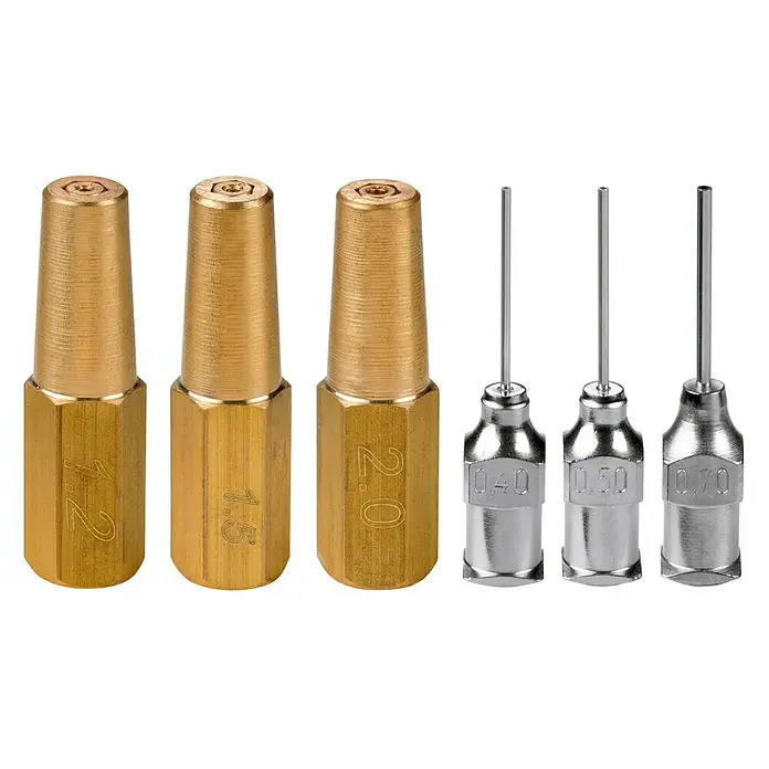 Rothenberger Industrial Set de pinzas de fijación Roxy - 6 pzs., Específico para: Rothenberger máquinas de soldar Roxy - Juego de boquillas con tres boquillas de latón (1.2, 1.5, 2.0) y tres agujas de acero inoxidable (0.40, 0.50, 0.70) para una dosificación precisa.
