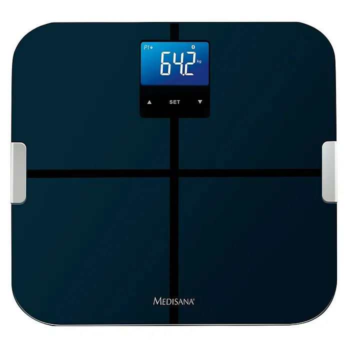 Personenwaage BS 440 connect - Digital, Kalorienbedarfsanalyse - Digitale Körperanalysewaage von Medisana mit blauer Anzeige von 64.2 kg. Diese Waage bietet umfassende Körperanalysefunktionen.