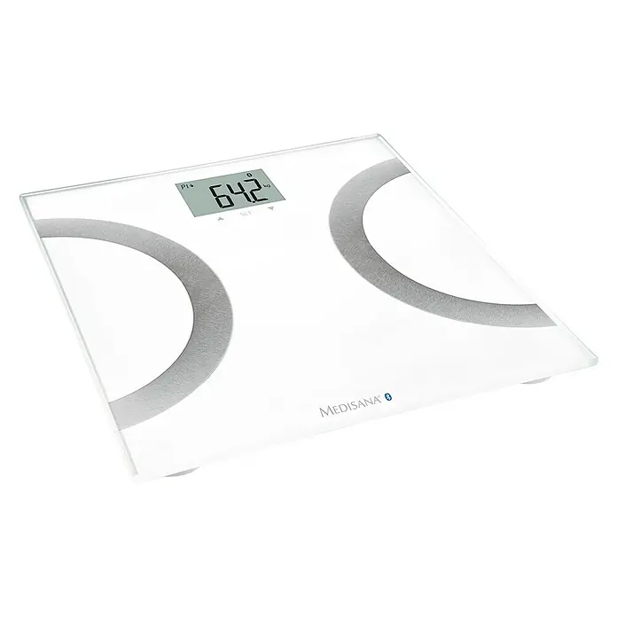 Digitale Personenwaage BS 445 - 30 x 30 x 2,3 cm, Metall, Weiß - Digitale Personenwaage von Medisana mit Anzeige von 64,2 kg. Die Waage ist weiß und hat silberne Akzente für ein modernes Design.