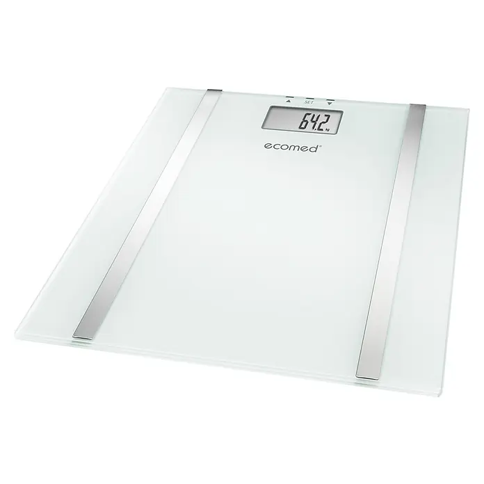 Digitale Personenwaage BS-70E - 30 x 30 x 1,75 cm, Glas, Weiß - Eine elegante Glas-Waage von Ecomed, die eine Gewichtsanzeige von 64,2 kg zeigt und mit silbernen Akzenten versehen ist.