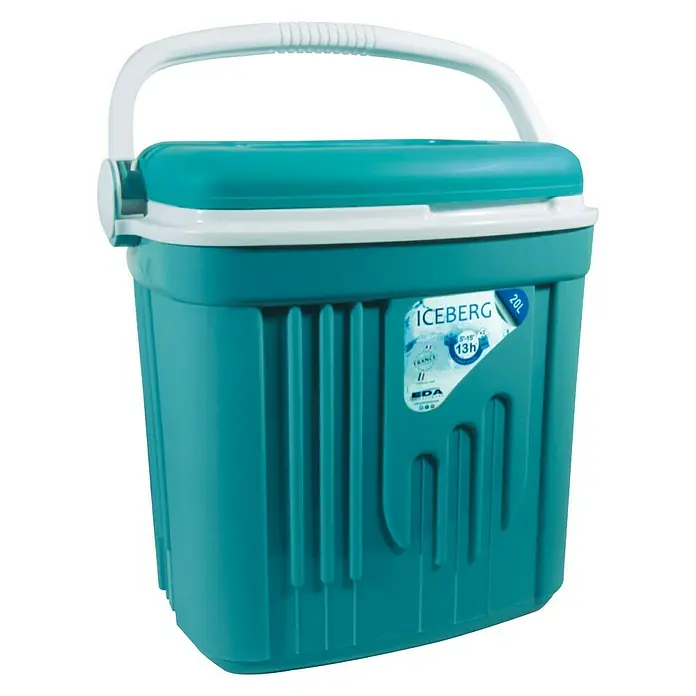 Nevera de camping Iceberg - 20 l, L x An x Al: 39 x 28 x 38,5 cm, Turquesa - Nevera portátil Iceberg azul de 20L con asa y tapa blancas, ideal para camping y picnics, mantiene los alimentos fríos hasta 13 horas.