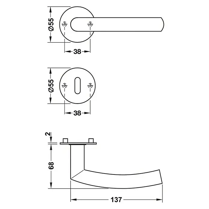 Häfele Drückergarnitur 5 - Stärke Tür: 38 mm - 42 mm, Edelstahl, Gebogen, Profilzylinder - Abbildung eines Türgriffs mit Rosette und den zugehörigen Maßen. Präzise Darstellung für Montage und Design.