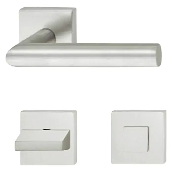 Häfele WC-Drückergarnitur 10 - Schlitzkopf/Olive, Edelstahl - Türdrücker-Set in gebürstetem Stahl. Das Set besteht aus einem Griff, einem Schloss und einem Riegel.‎