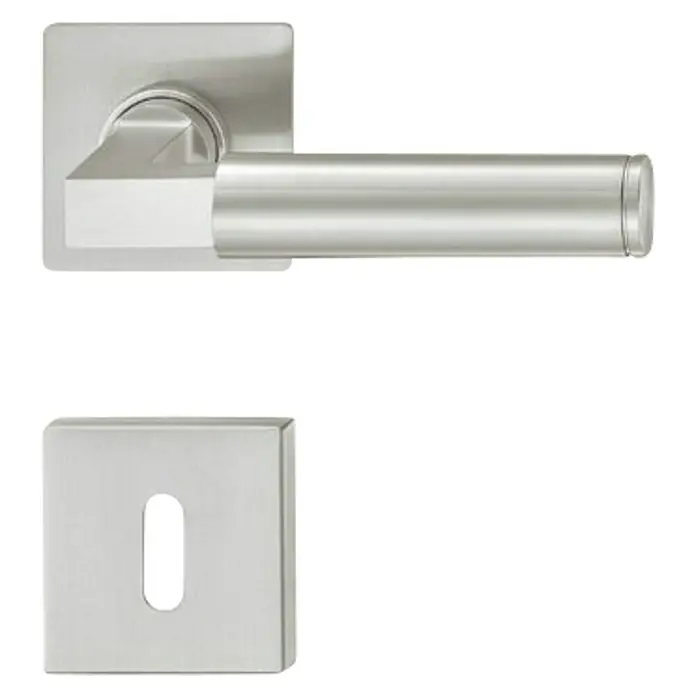 Häfele Drückergarnitur 7 - Stärke Tür: 38 mm - 42 mm, Edelstahl, L-Form, Buntbart - Quadratische Türklinke aus Edelstahl mit passender Rosette. Stilvolles Design für moderne Inneneinrichtungen mit hochwertiger Verarbeitung.