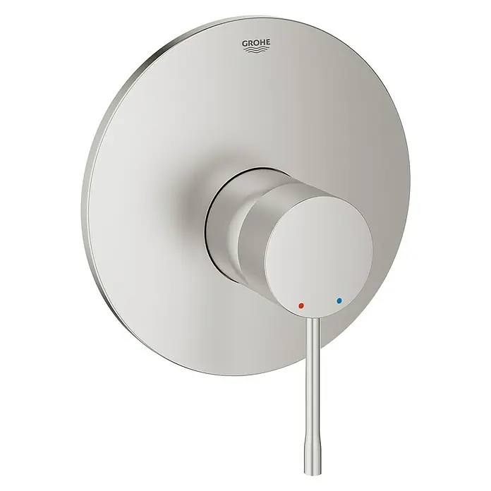 Grohe Essence UP-Brausearmatur - Supersteel, Matt - Nahaufnahme eines Grohe Einhebelmischers mit runder Rosette und minimalistischem Griffdesign. Ideal für moderne Badezimmer.