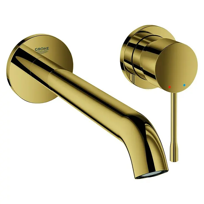 Grohe Essence Waschtischarmatur LWandmontage, Cool Sunrise, Glänzend - Elegante goldene Waschtischarmatur von Grohe, wandmontiert, mit minimalistischem Design und praktischem Hebel zur Temperaturregelung.
