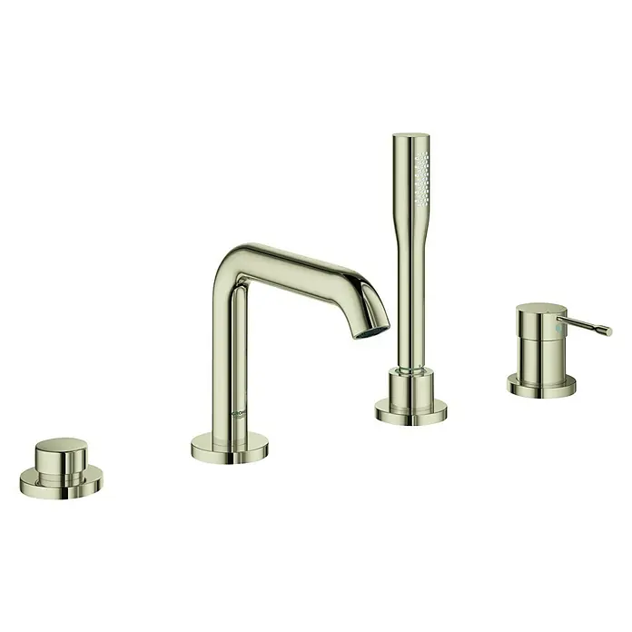 Grohe Essence Badewannenrandarmatur - Nickel, Glänzend, Anzahl Armaturenlöcher: 4 Stk. - Eine Nahaufnahme eines eleganten, zeitgenössischen Badarmatur-Sets in gebürstetem Nickel mit vier Elementen vor einem schwarzen Hintergrund.