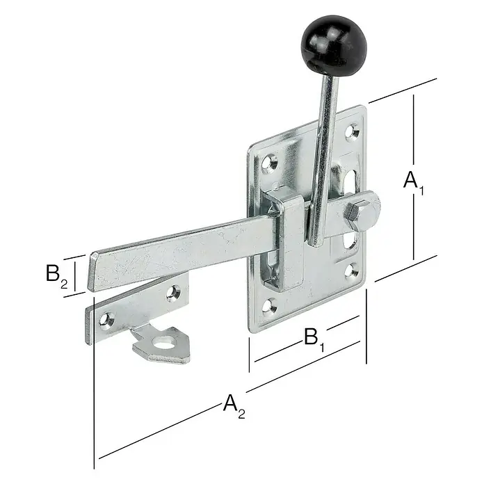 Stabilit Picaporte para puerta de jardín - L x An: 165 x 100 mm, Acero - Un cerrojo de puerta de metal con manija para abrir y cerrar fácilmente. El cerrojo asegura puertas y portones de forma fiable.
