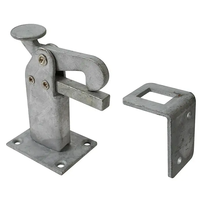Stabilit Freno para puerta - L x An x Al: 65 x 50 x 95 mm, Acero, Montaje en suelo - Cierre metálico de palanca y placa de montaje correspondiente.