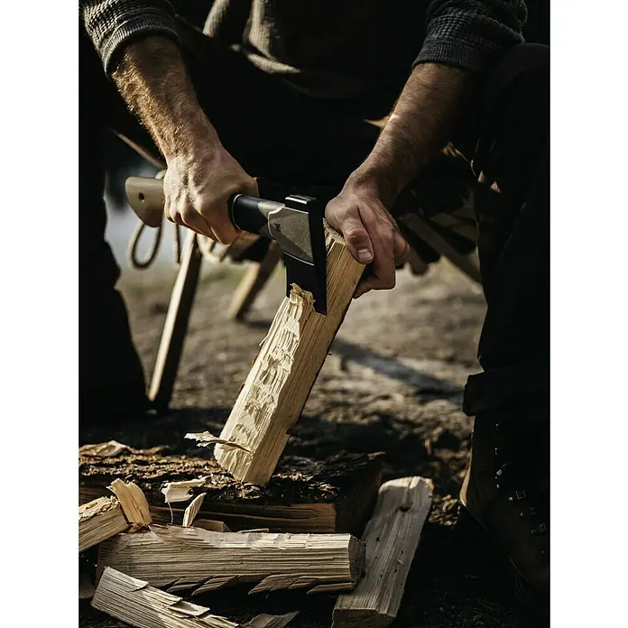 Fiskars Norden Universalaxt N7 - Länge: 38,6 cm - Nahaufnahme einer Person, die Holz mit einer Axt spaltet, die die Kraft und Präzision des Werkzeugs hervorhebt. Perfekt für Outdoor-Abenteuer.
