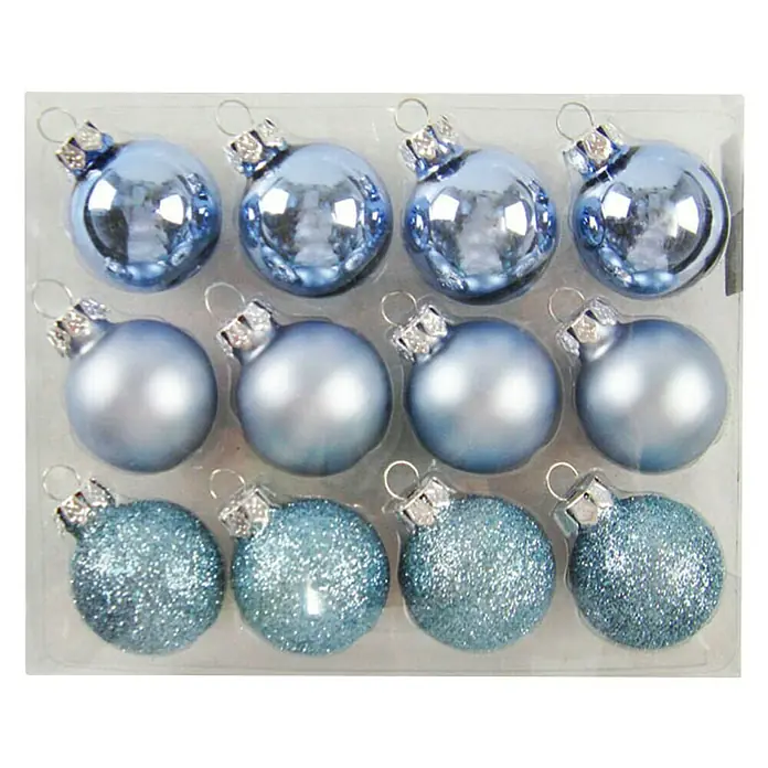 Christbaumkugel Glitzereffekt - Blau, Glas, Rund - Packung mit 12 blauen Weihnachtskugeln in verschiedenen Ausführungen. Schimmernde, matte und glänzende Kugeln für festliche Dekorationen.