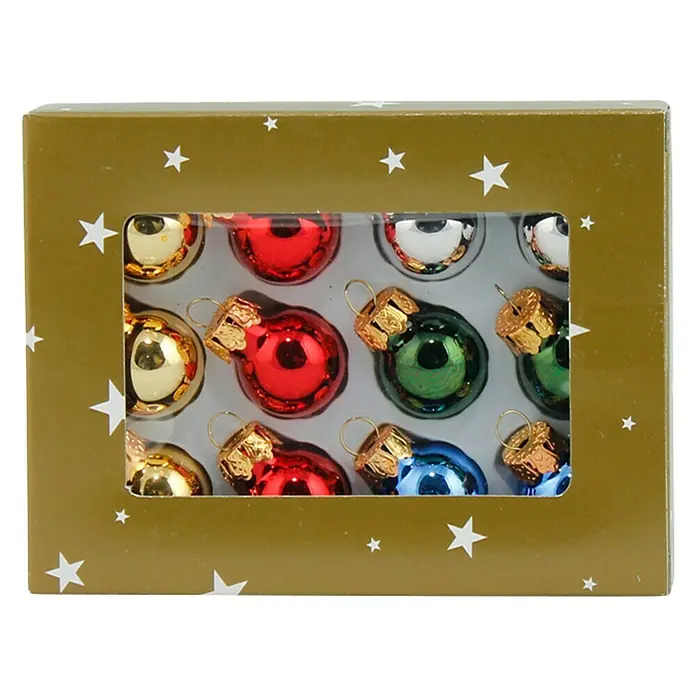 Christbaumkugel-Set - Durchmesser: 2 cm, Mehrfarbig, Glas, 12 Stk. - Eine Schachtel mit zwölf bunten Weihnachtskugeln, die in Gold, Rot, Grün, Silber und Blau gehalten sind und festliche Stimmung verbreiten.