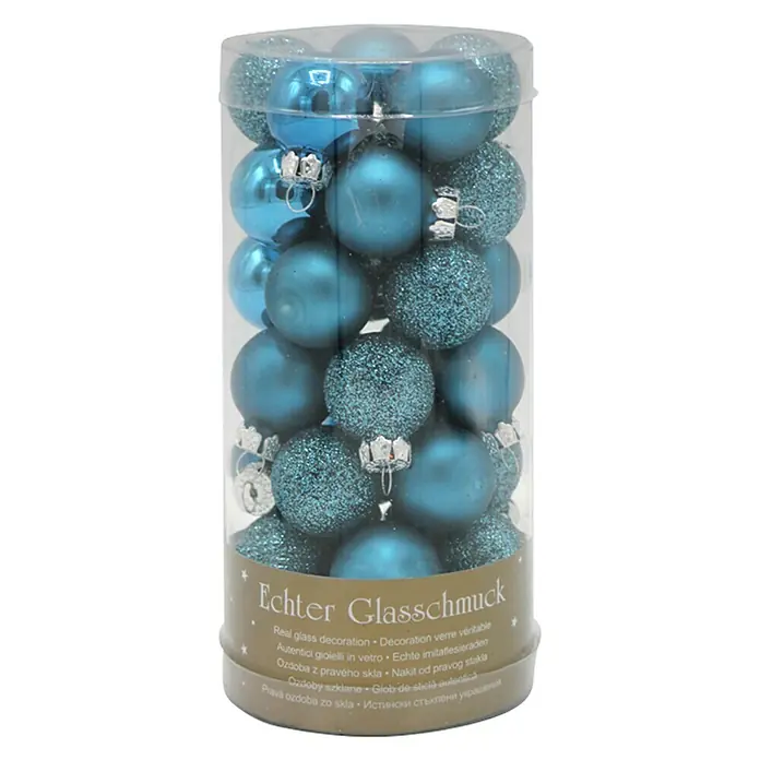 Christbaumkugel - Blau, Glas, Rund - Dose mit blauen Weihnachtskugeln. Eine Mischung aus glänzenden und glitzernden Kugeln für eine festliche Dekoration.