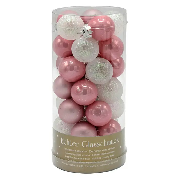 Christbaumkugel-Set - Bunt, Kunststoff - Dose mit rosa und weißen Christbaumkugeln.