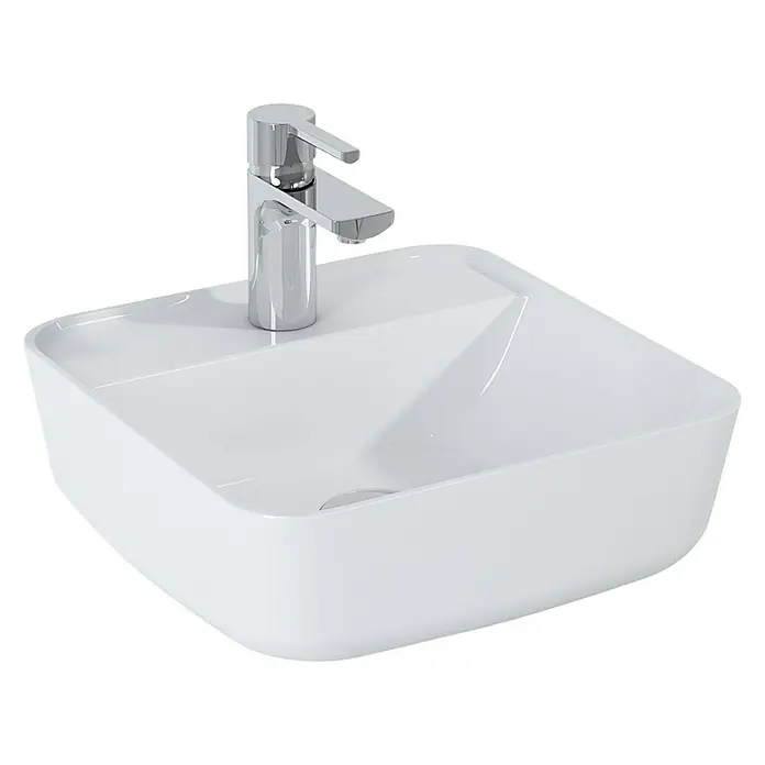 Riva Look Aufsatzwaschbecken - 39 x 39 cm, Weiß - Elegantes Waschbecken: Modernes, weißes Aufsatzwaschbecken mit minimalistischem Chrom-Wasserhahn, ideal für stilvolle Badezimmerdesigns.