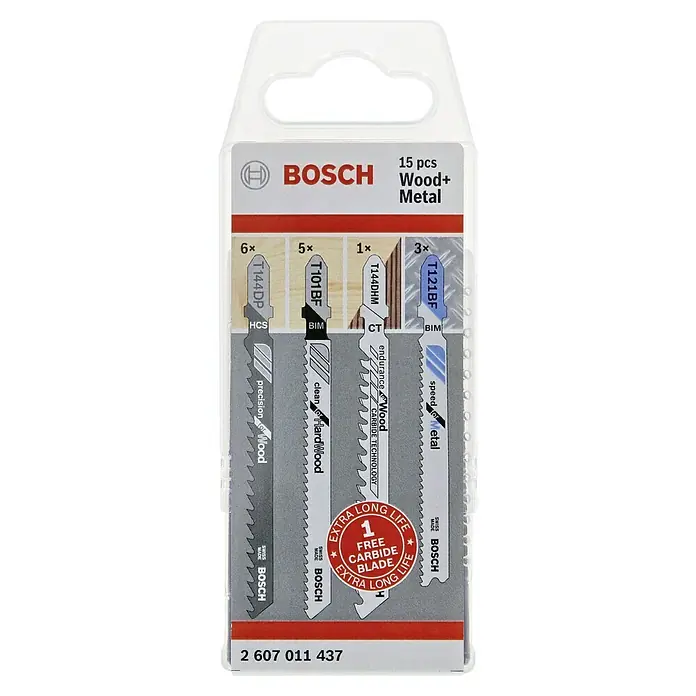 Bosch Stichsägeblatt-Set Wood and Metal - Holz, 15 -tlg., T-Schaft - Bosch Stichsägeblatt-Set für Holz und Metall, 15-teilig, für präzise und schnelle Schnitte in verschiedenen Materialien.