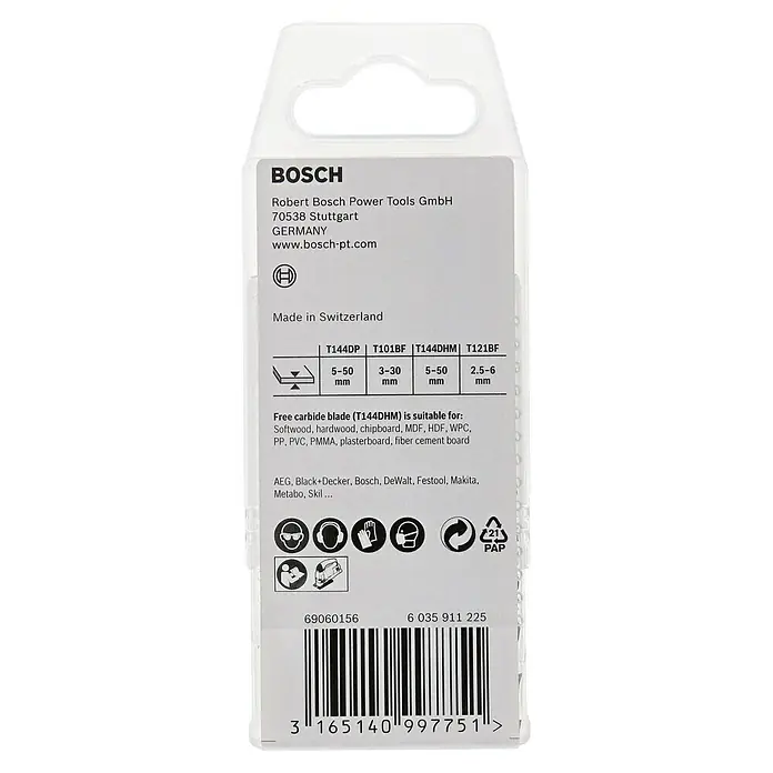 Bosch Stichsägeblatt-Set Wood and Metal - Holz, 15 -tlg., T-Schaft - Verpackungsrückseite der Bosch Stichsägeblätter T144DP, T101BF, T144DHM und T121BF mit Details zu Materialien und Kompatibilität.