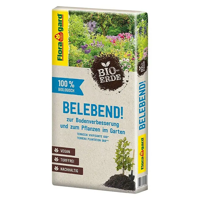 Floragard Bio-Erde Belebend! - 60 l - Produktbild einer Packung Flora Gard Bio-Erde, die 100 % biologisch, vegan, torffrei und nachhaltig ist.