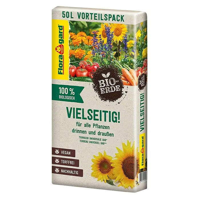 Floragard Bio-Erde Vielseitig! - 50 l, Torffrei - Abbildung eines 50L-Sacks Flora Gard Bio-Erde, vielseitig einsetzbar für Pflanzen drinnen und draußen, vegan, torffrei und nachhaltig.