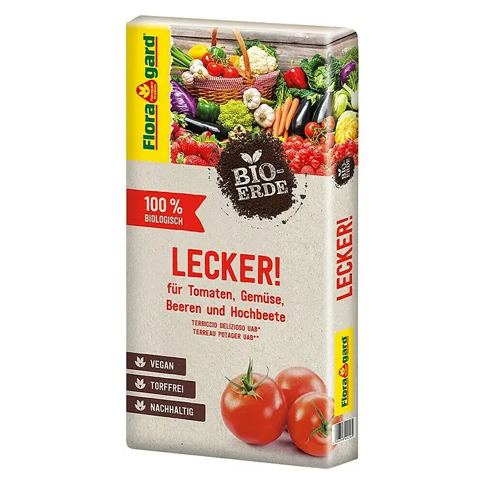 Floragard Bio-Tomaten- & Gemüseerde Lecker!40 l - Abbildung einer Packung Floragard Bio-Erde, ideal für Tomaten, Gemüse, Beeren und Hochbeete.