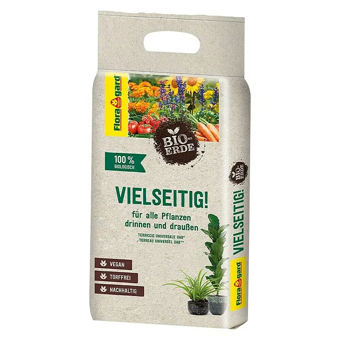 Floragard Bio-Erde Vielseitig! - 3 l, Torffrei - Abbildung einer Packung Flora Gard Bio-Erde, die für alle Pflanzen drinnen und draußen geeignet ist, vegan, torffrei und nachhaltig.