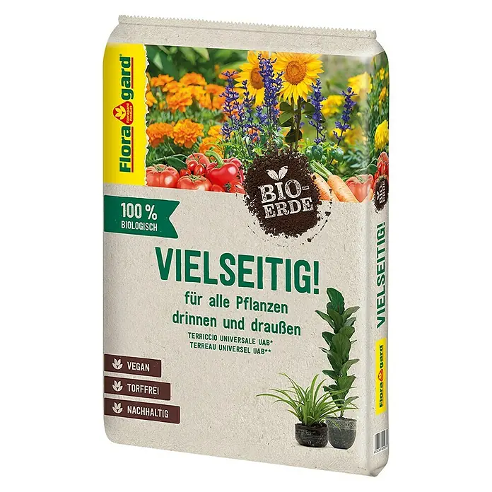 Floragard Bio-Erde Vielseitig! - 10 l, Torffrei - Abbildung eines Sacks Pflanzerde der Marke Floragard, vielseitig einsetzbar, 100% biologisch, vegan und torffrei.