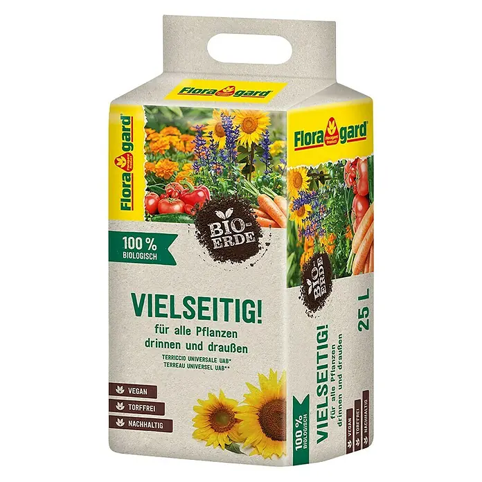 Floragard Bio-Erde Vielseitig! - 25 l, Torffrei - Abbildung einer 25-Liter-Packung Flora Gard Universalerde, vielseitig einsetzbar und biologisch abbaubar für drinnen und draußen.