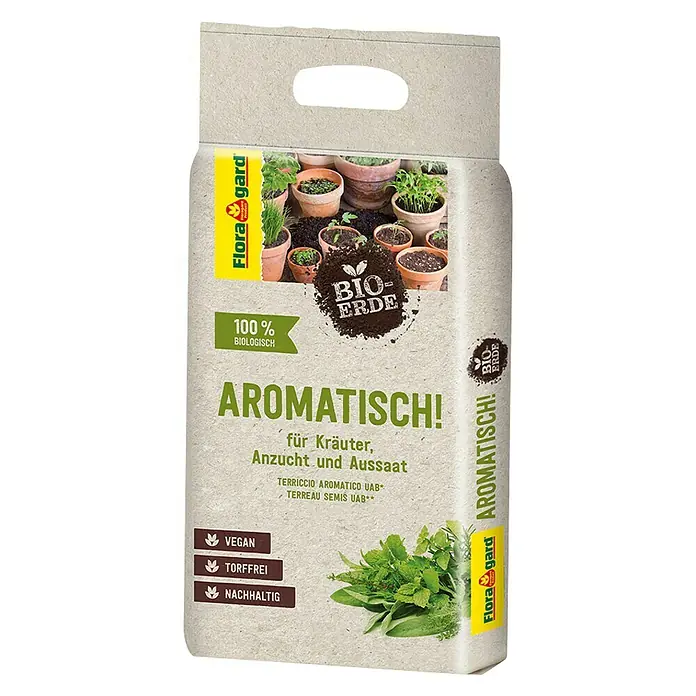 Floragard Bio-Kräuter- & Aussaaterde Aromatisch! - 3 l - Abbildung einer Packung Floragard Bio-Erde Aromatisch! für Kräuter, Anzucht und Aussaat, die eine umweltfreundliche Wahl für den Garten darstellt.