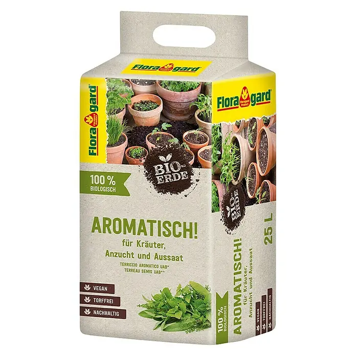 Floragard Bio-Kräuter- & Aussaaterde Aromatisch! - 25 l - Abbildung einer 25L-Packung Flora Gard Bio-Aromatischerde für Kräuter, Anzucht und Aussaat, die als vegan und torffrei gekennzeichnet ist.